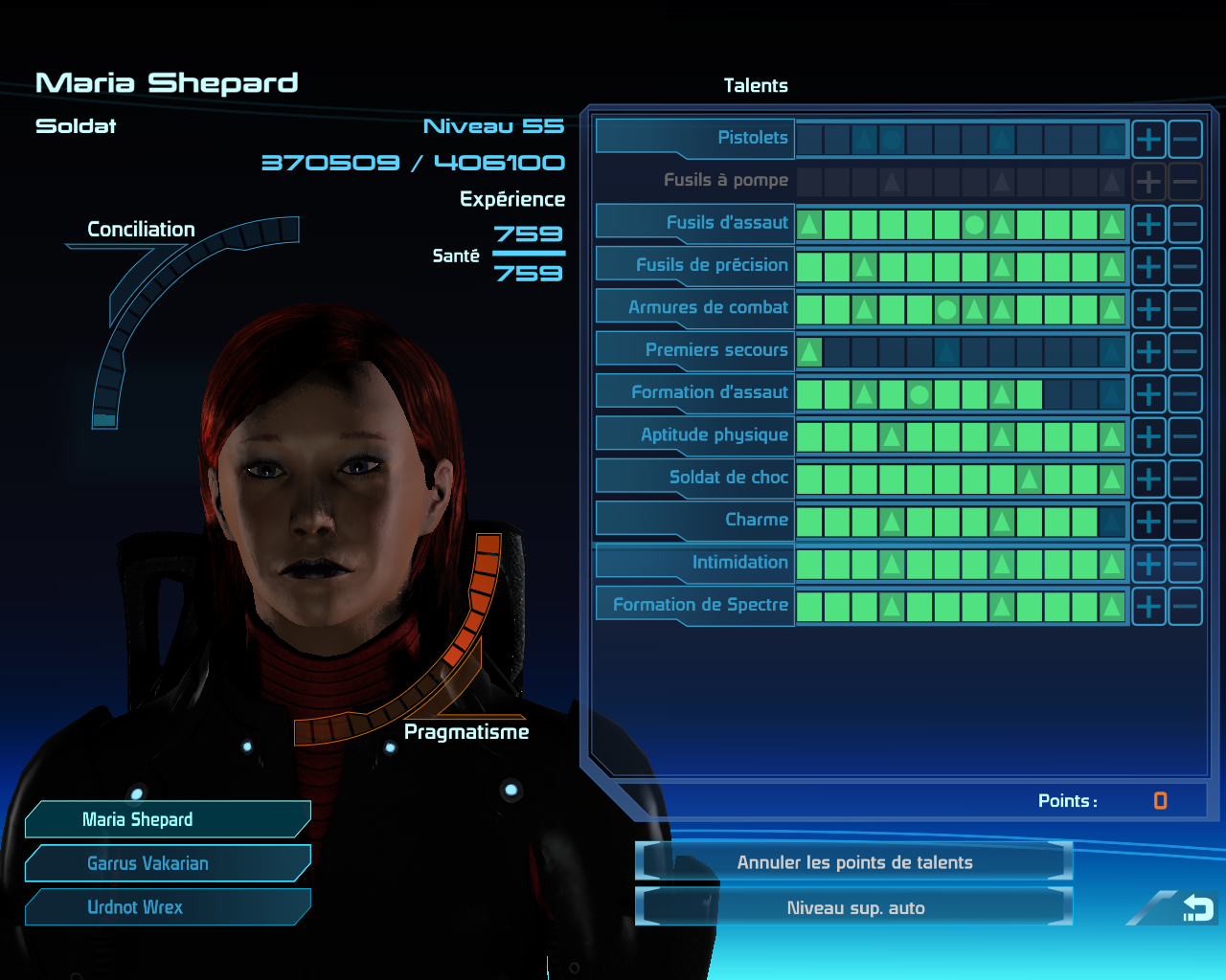 Ecran de progression du personnage dans Mass Effect 1 en fin de partie.