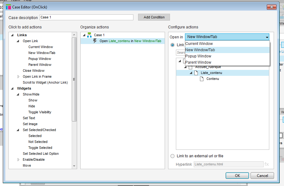 Screenshot of the interaction panel with the target dialog open in the third column.