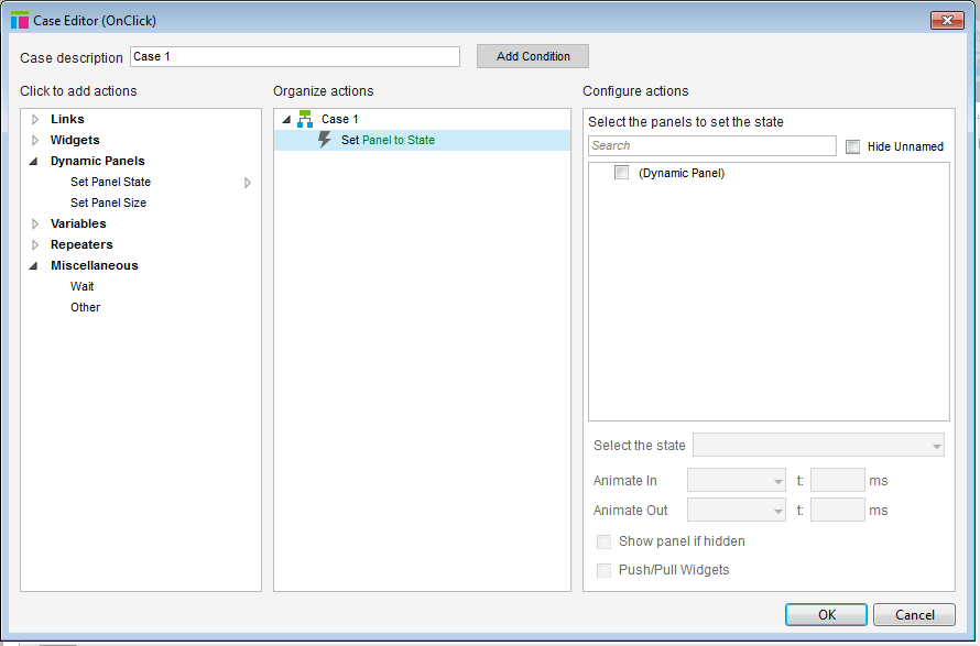 Capture d'écran de l'éditeur de cas avec l'interaction "Set panel state to state" sélectionnée.
