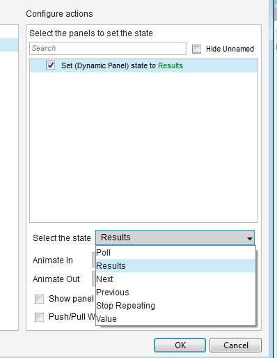 Actions panel in the case editor, configued to set dyanmic panel state to "Results".