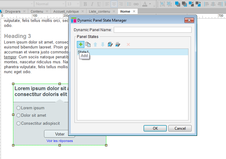 Screenshot of a dynamic panel manager with a single state called "State1" and a mouse clicking on the + button to add a second state.
