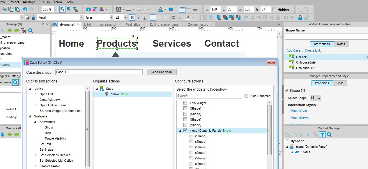 Case editor showing settings to show the menu on click.