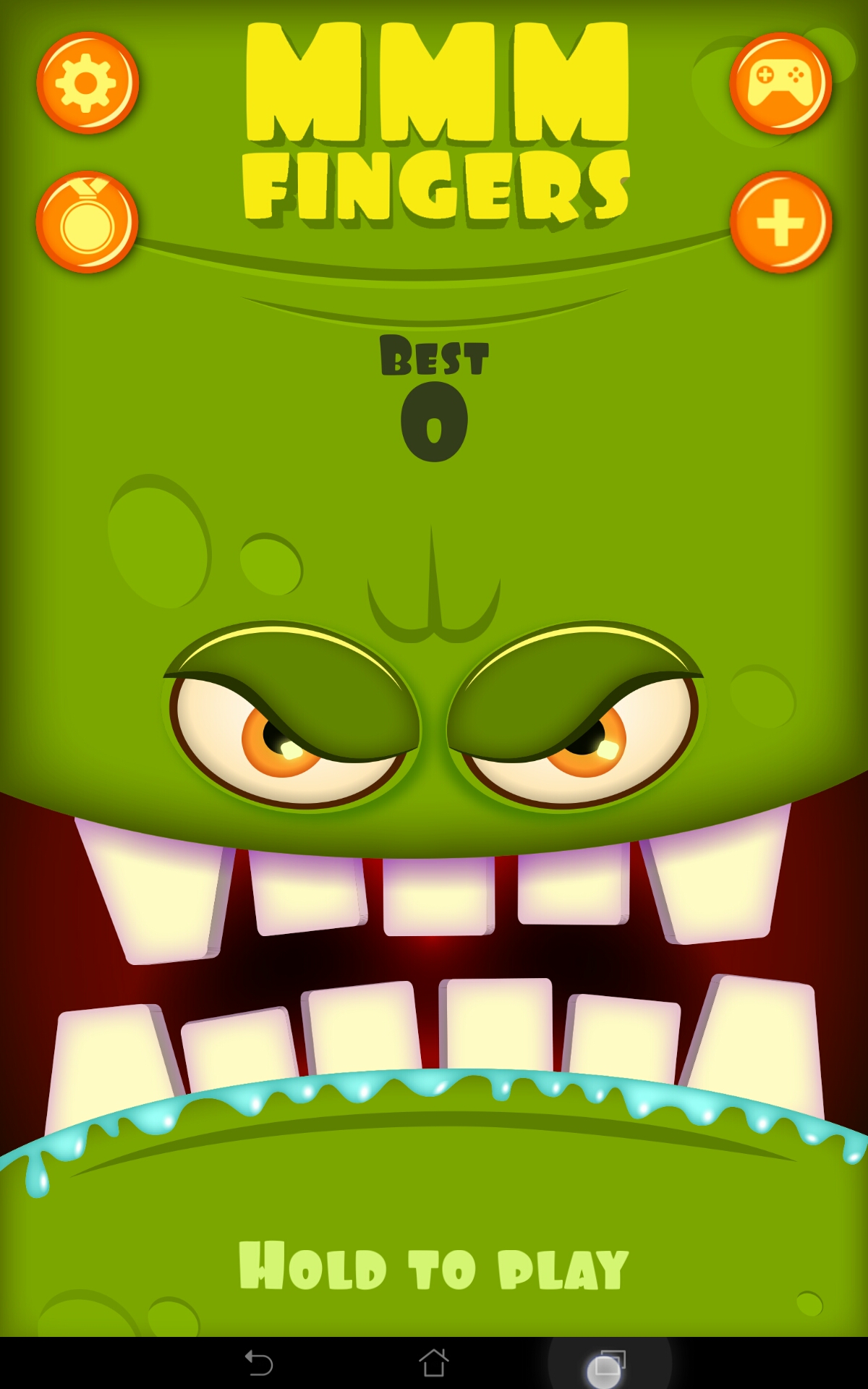 Game start screen which shows the same face as the end screen with a "hold to play" text at the bottom, which places players in the correct situation to start playing.