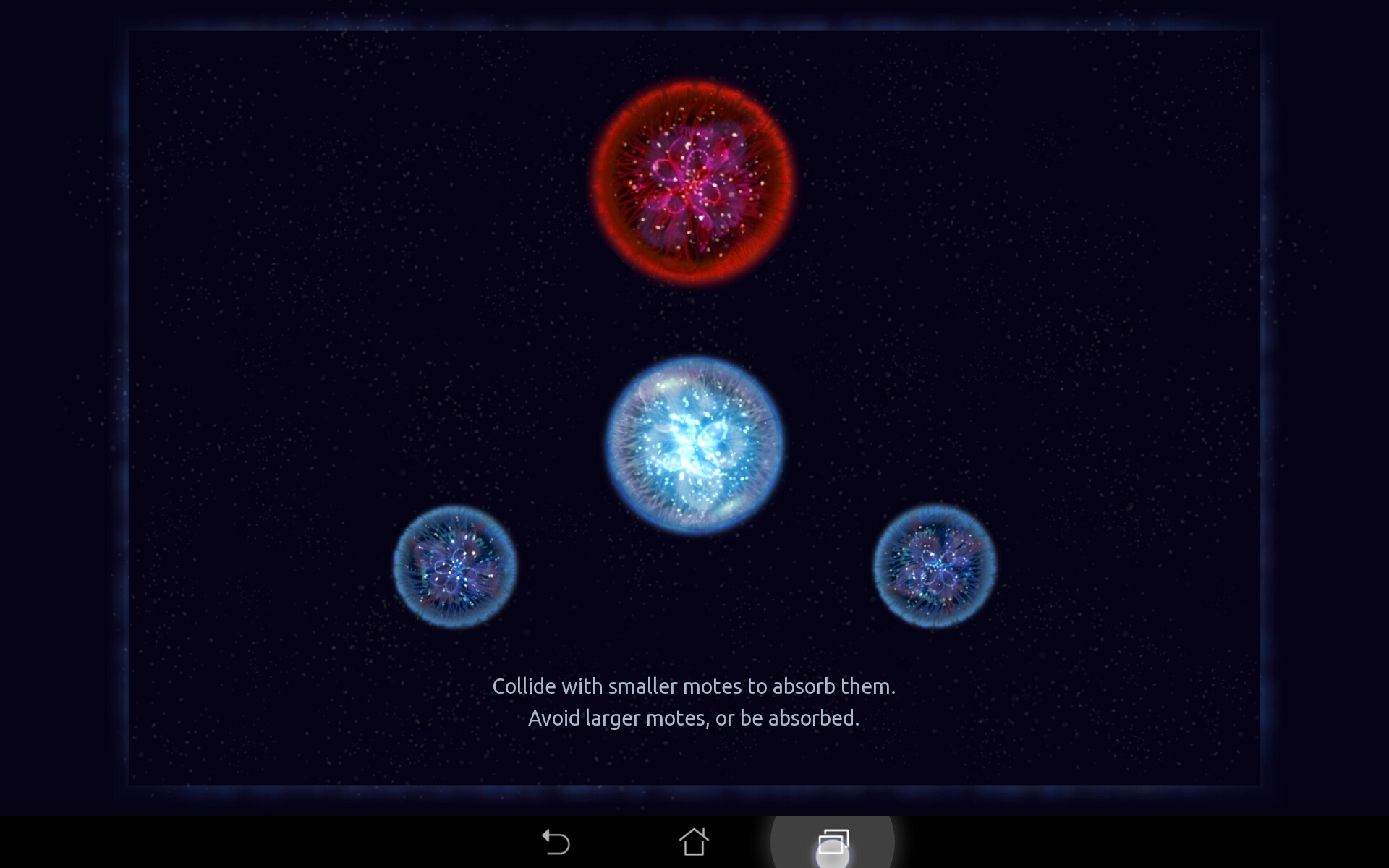 Osmos game start screenshot explaining the basic principles of the game: absorbing smaller spheres and avoiding bigger ones.