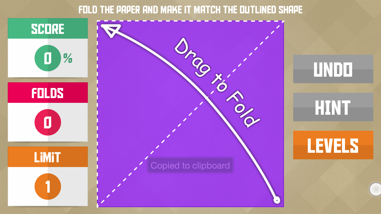 Paperama level with "drag to fold" instruction.