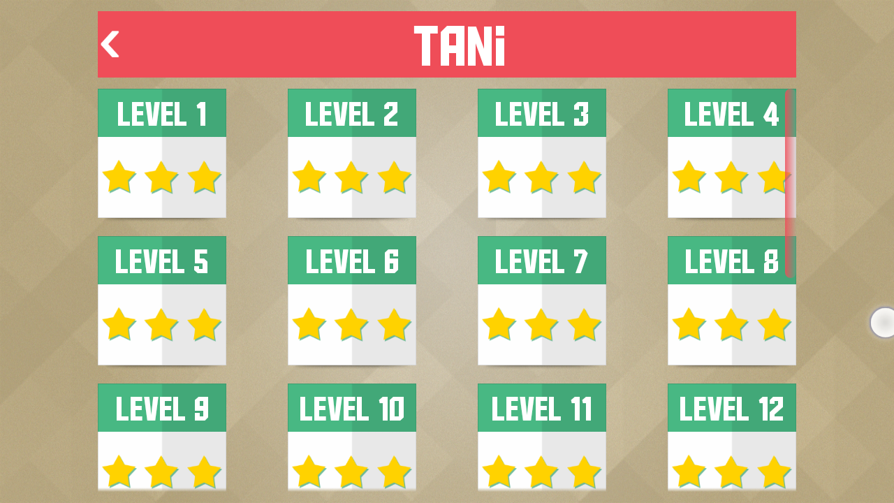 Paperama list of levels with basic label on top and up to threee stars below.