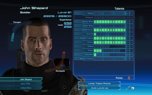 Ecran de progression du personnage dans Mass Effect 1 en milieu de partie.