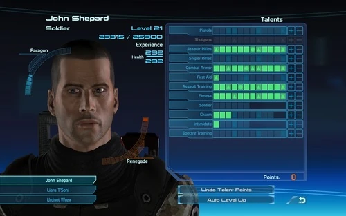 Ecran de progression du personnage dans Mass Effect 1 en milieu de partie.