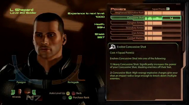 Ecran de progression du personnage dans Mass Effect 2 en cours de partie.