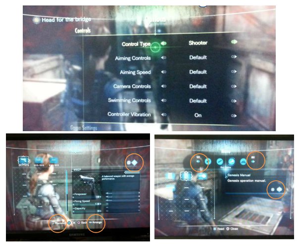 Screenshot de 3 écrans du menu dans Resident Evil Revelations, chacun utilisant des boutons différents pour des actions similaires, affichés à des endroits différents de l'écran.