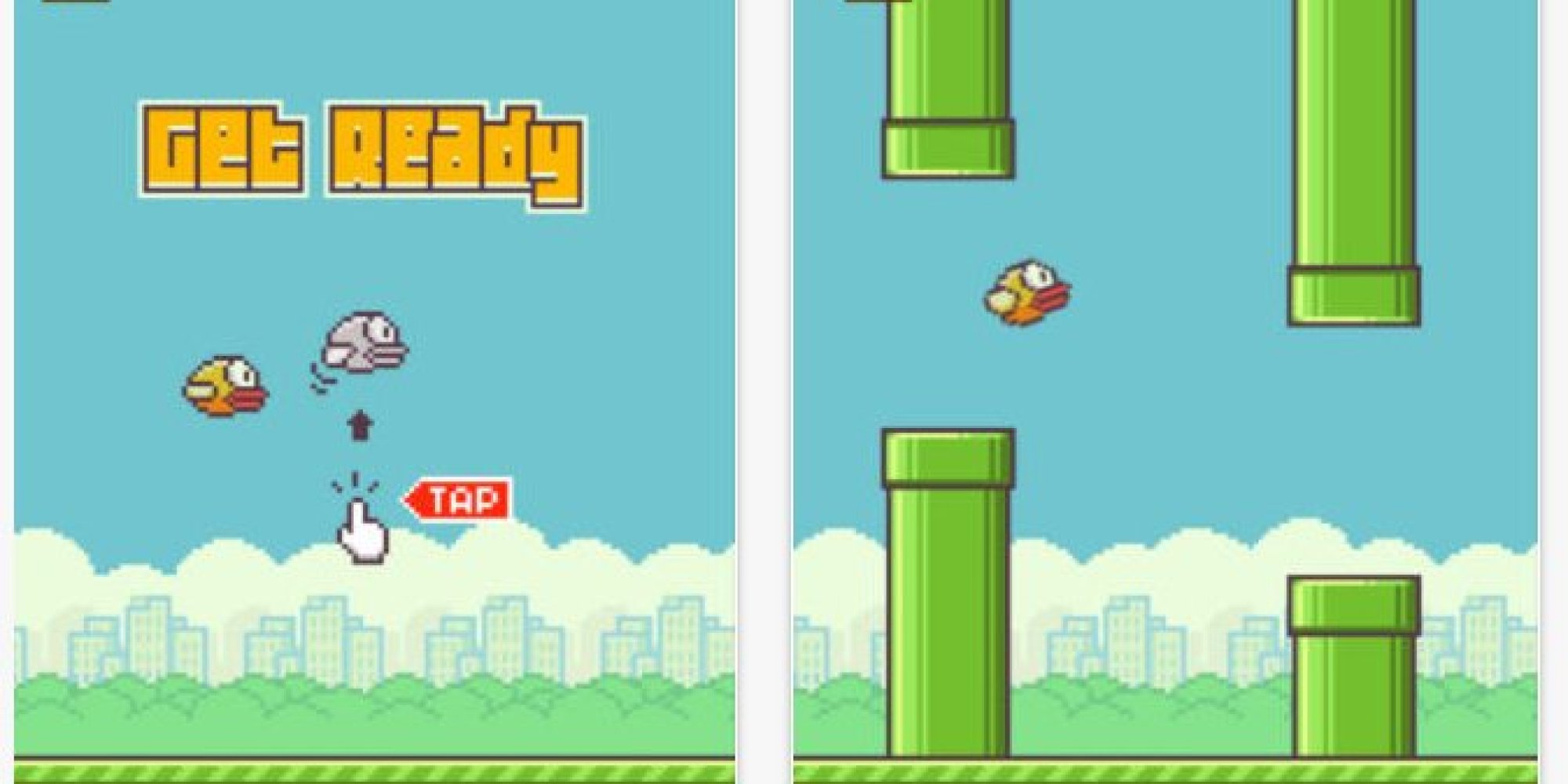 Screenshot de Flappy Bird: le titre requiert de faire l'action nécessaire au gameplay.