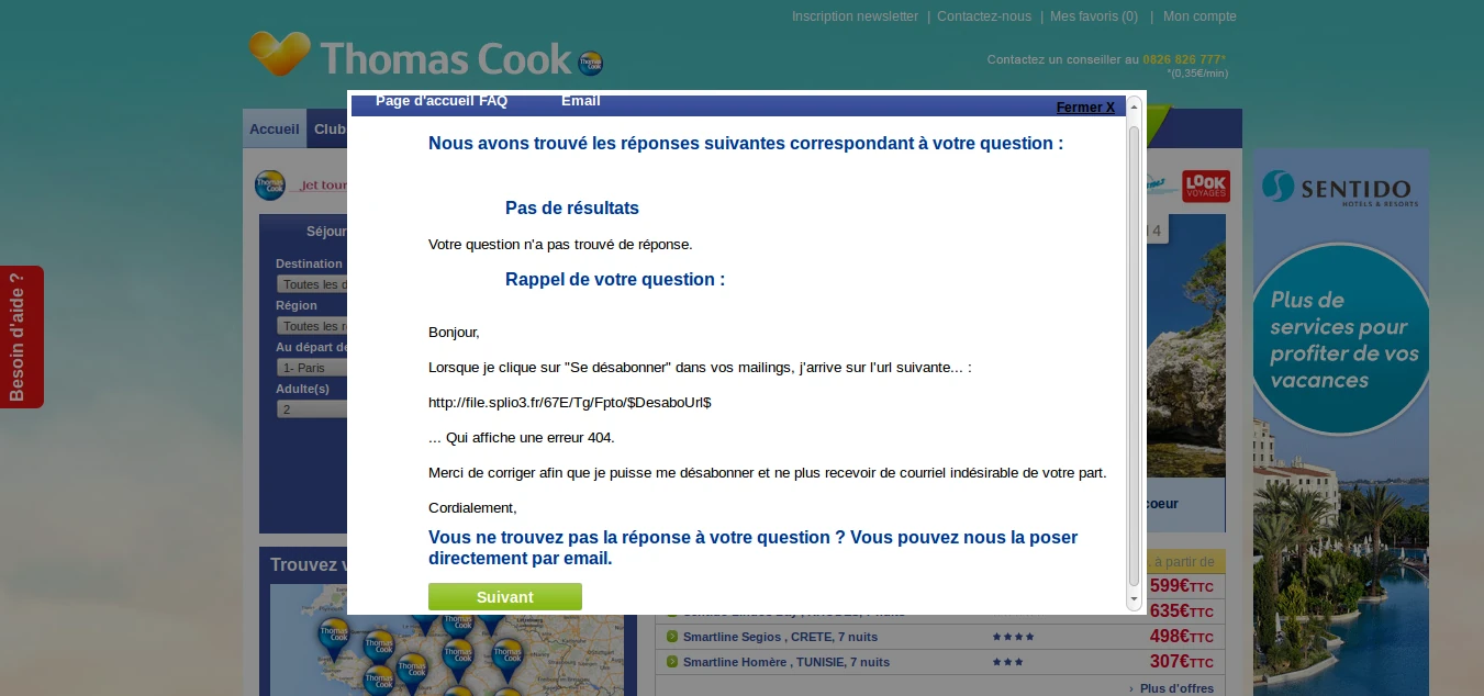 Screenshot du résultat de recherche via un champ déguisé en formulaire de contact