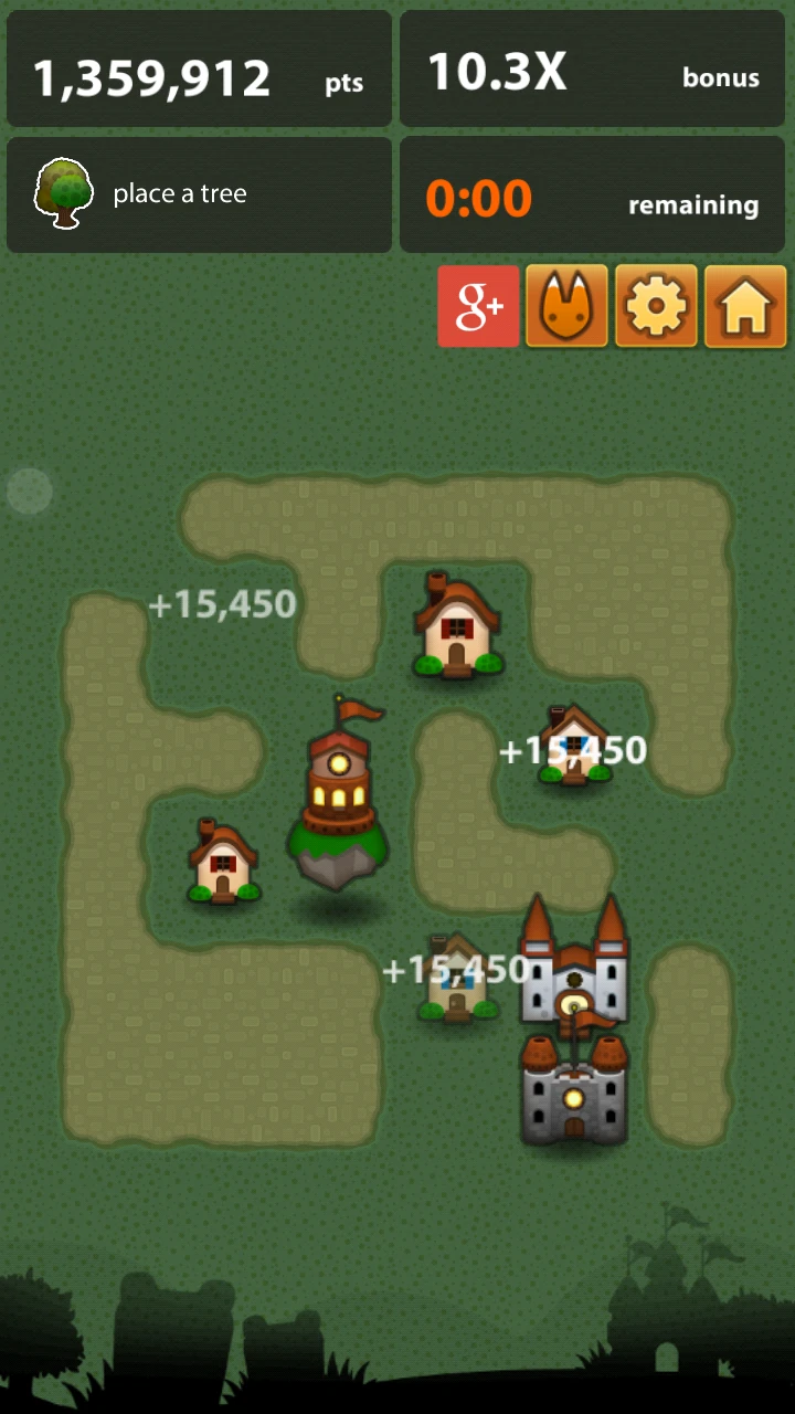 THe interface of triple town has scoring and the current action at the top, along with a timer. Below is the main area showing the match 3 game as a village where features are improved as they merge.