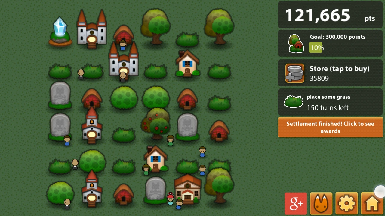 In landscape mode, the town grid is on the left, and all buttons show to the right of the gameplay area.