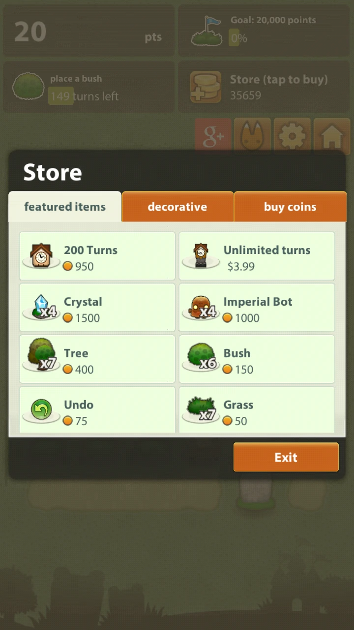 The store shows 8 purchasable items including town features, additional turns and the option to undo one's last move for 75 coins.