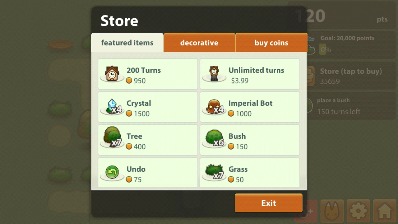 The store in landscape mode has buttons un the center and exist button in the bottom right.