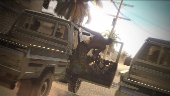 Screenshot of player jumping out of a car when the camera changes, leading to input errors