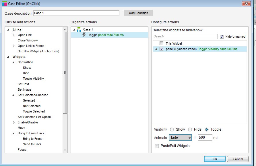 Screenshot of the Axure interaction creation dialogue showing the correct settings to hide a dynamic panel.