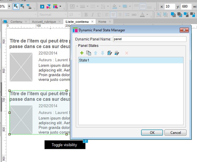 Screenshot of the Axure interaction creation dialogue showing the correct settings to hide a dynamic panel.