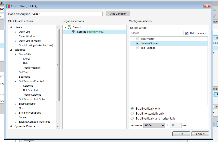 Capture d'écran de l'éditeur de cas dans Axure, avec les options correctes pour créer une ancre sélectionnées.