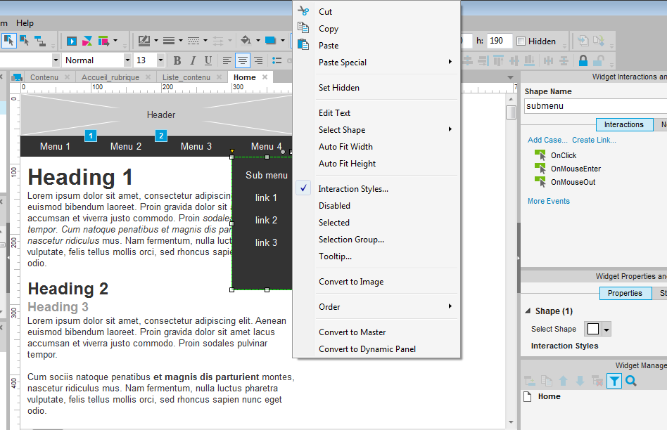 Capture d'écran du menu contextuel permettant de convertir une sélection de widgets en dynamic panel.