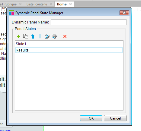 Screenshot of the dynamic panel manager, showing a dynamic panel containing two states: "State 1" and "Results" which was just renamed.