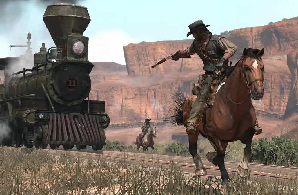 Screenshot d'un cowboy attaquant un train depuis un cheval.