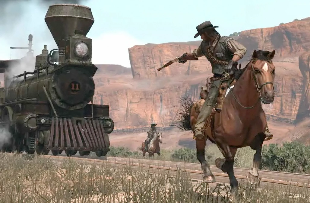 Screenshot d'un cowboy attaquant un train depuis un cheval.