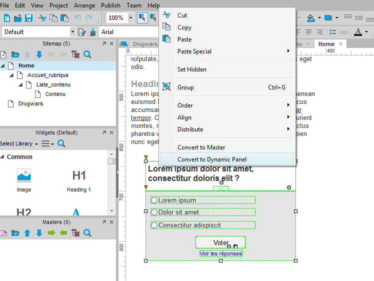 Capture de l'interface d'Axure avec le menu contextuel au clic droit pour convertir une sélection en dynamic panel.