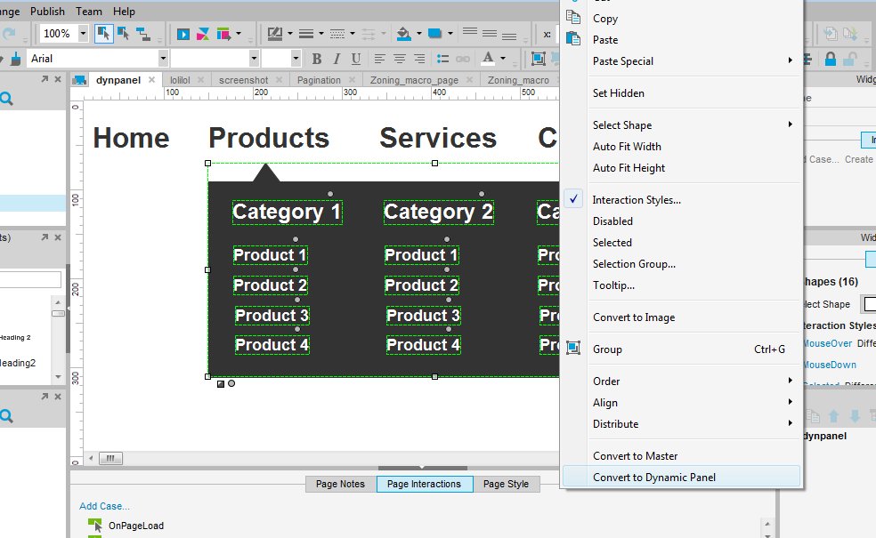 Capture d'un menu riche formé de plusieurs widgets sélectionnées en vue de les convertir en dynamic panel vie la menu au clic droit.