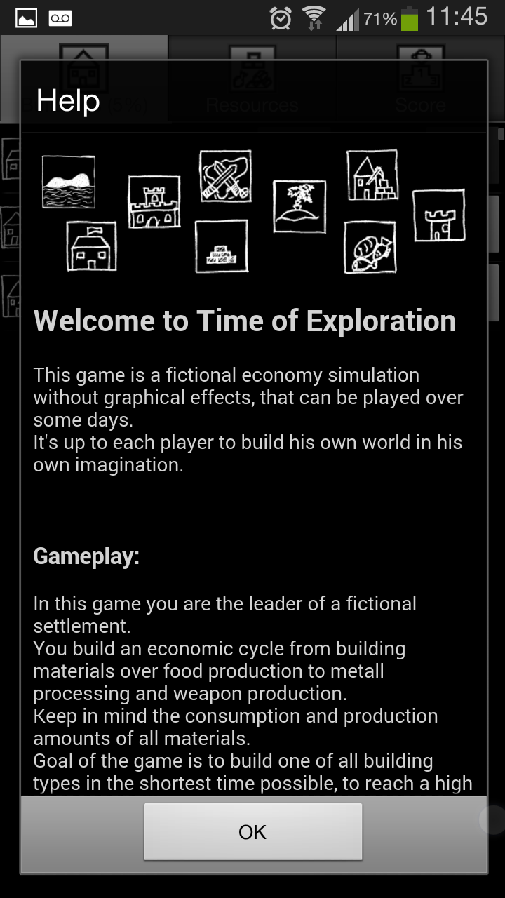 Time of Exploration wall of text tutorial intro screen.