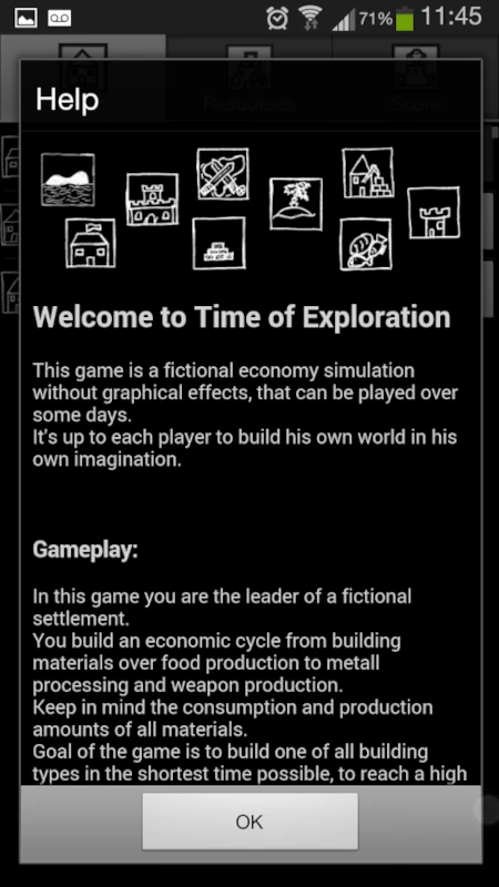 Time of Exploration wall of text tutorial intro screen.