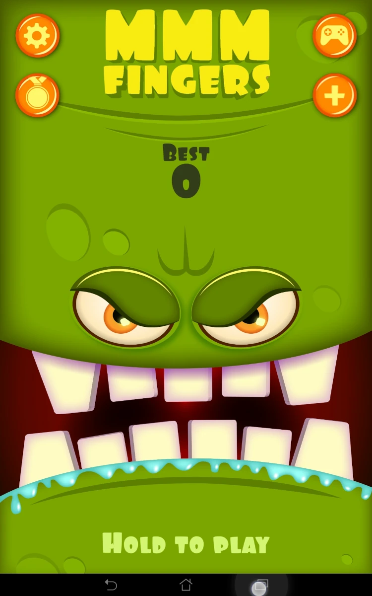 Game start screen which shows the same face as the end screen with a "hold to play" text at the bottom, which places players in the correct situation to start playing.