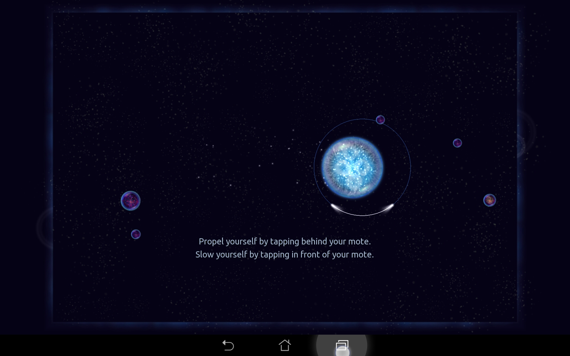 Osmos screenshot showing feedback of successfully being within a target area in the movement tutorial.