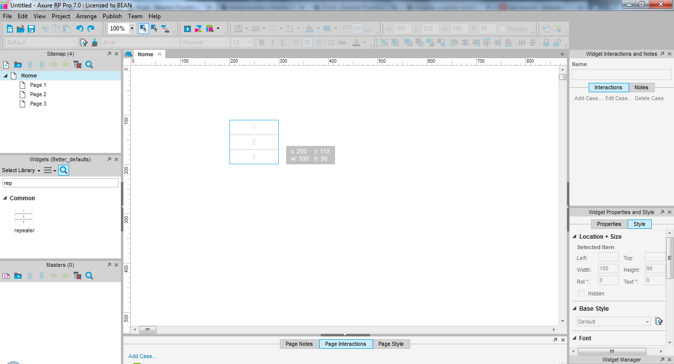 Screenshot of dropping a new repeater in an Axure page