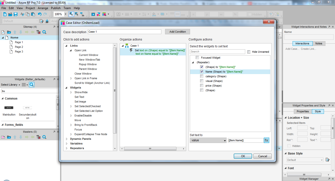 Screenshot of the case editor of the repeater with the recently named widget selected in the existing case, in addition to the original selection. A function "item.name" was added in the value field below.