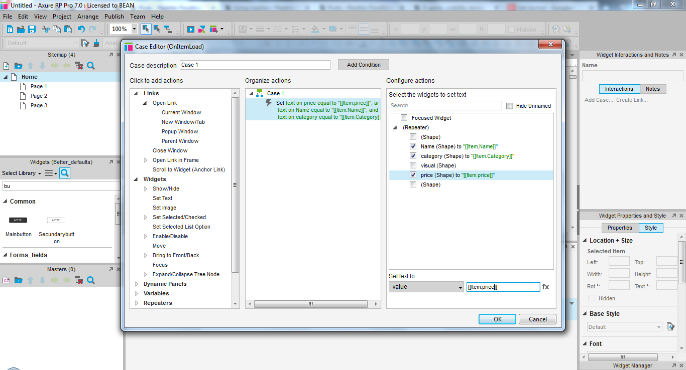 Screenshot of the case editor of the repeater with a third widget selected. A function "item.price" was added in the value field below.