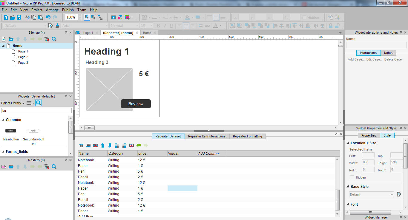 Screenshot of a repeater being edited with the bottom "repeater dataset" expanded and additional rows being added by duplicating the ones made previously.