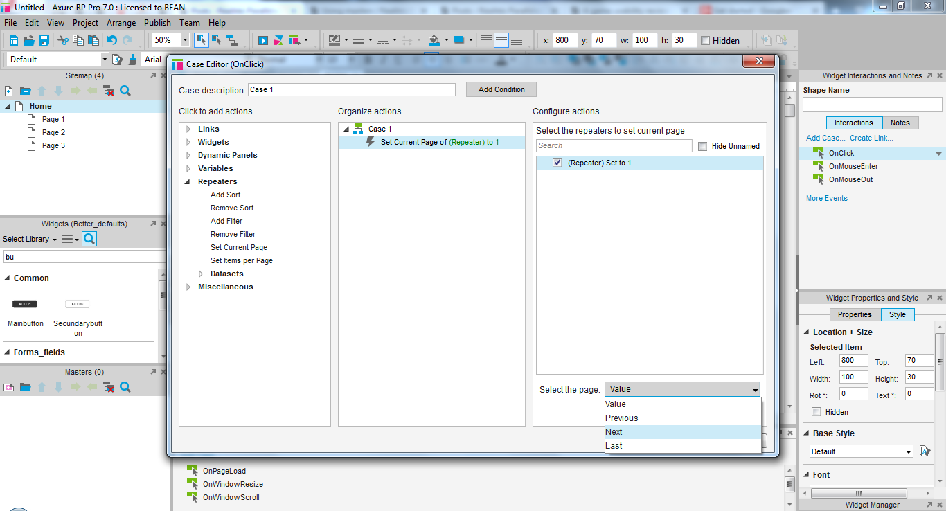 Screenshot of case editor which shows the action to be "set current page of repeater 1" to "next" in the drop down menu at the bottom of the right column.