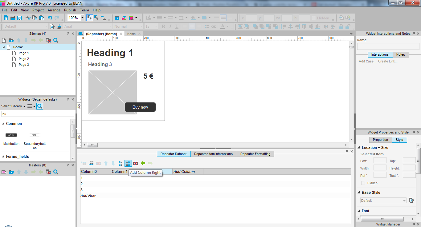 Screenshot of a repeater being edited with the bottom "repeater datasheet" expanded and the "add column right" button highlighted.