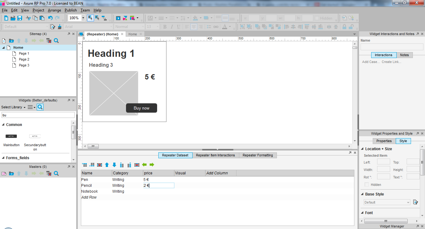 Screenshot of a repeater being edited with the bottom "repeater datasheet" expanded and the new columns in the process of being filled out with data in each row.