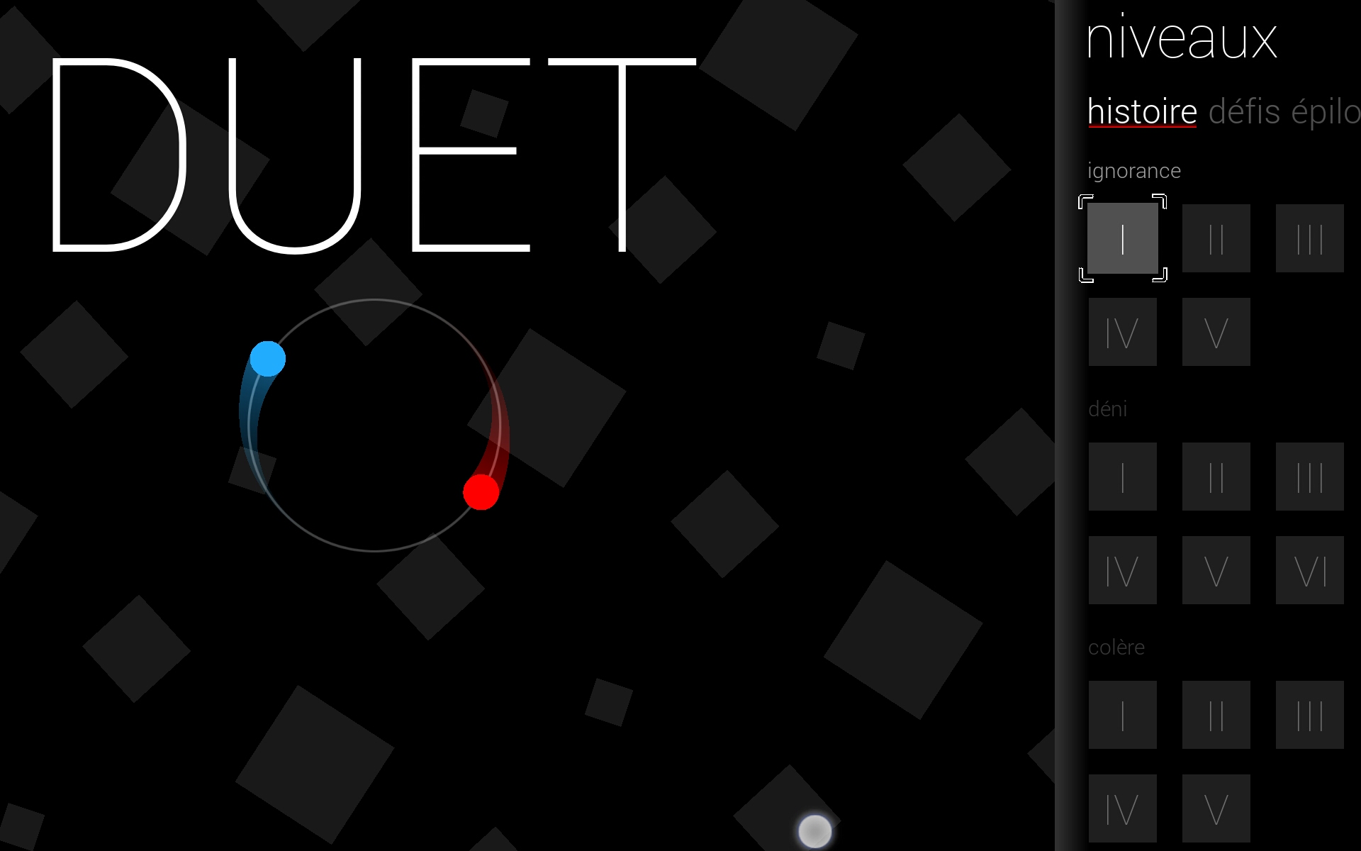 Duet title screen shows level selection to its right when starting a new game.