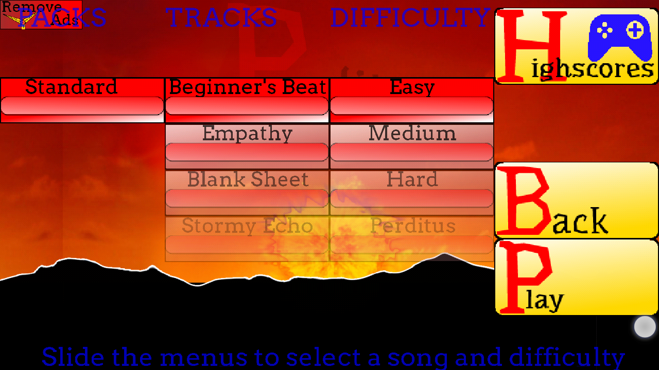 Perditus level selection has three columns and rows for additional options which blend out. Large yellow buttons on the right appear for highscores, going back or starting to play. The red and yellow color scheme make it hard to know where to focus.