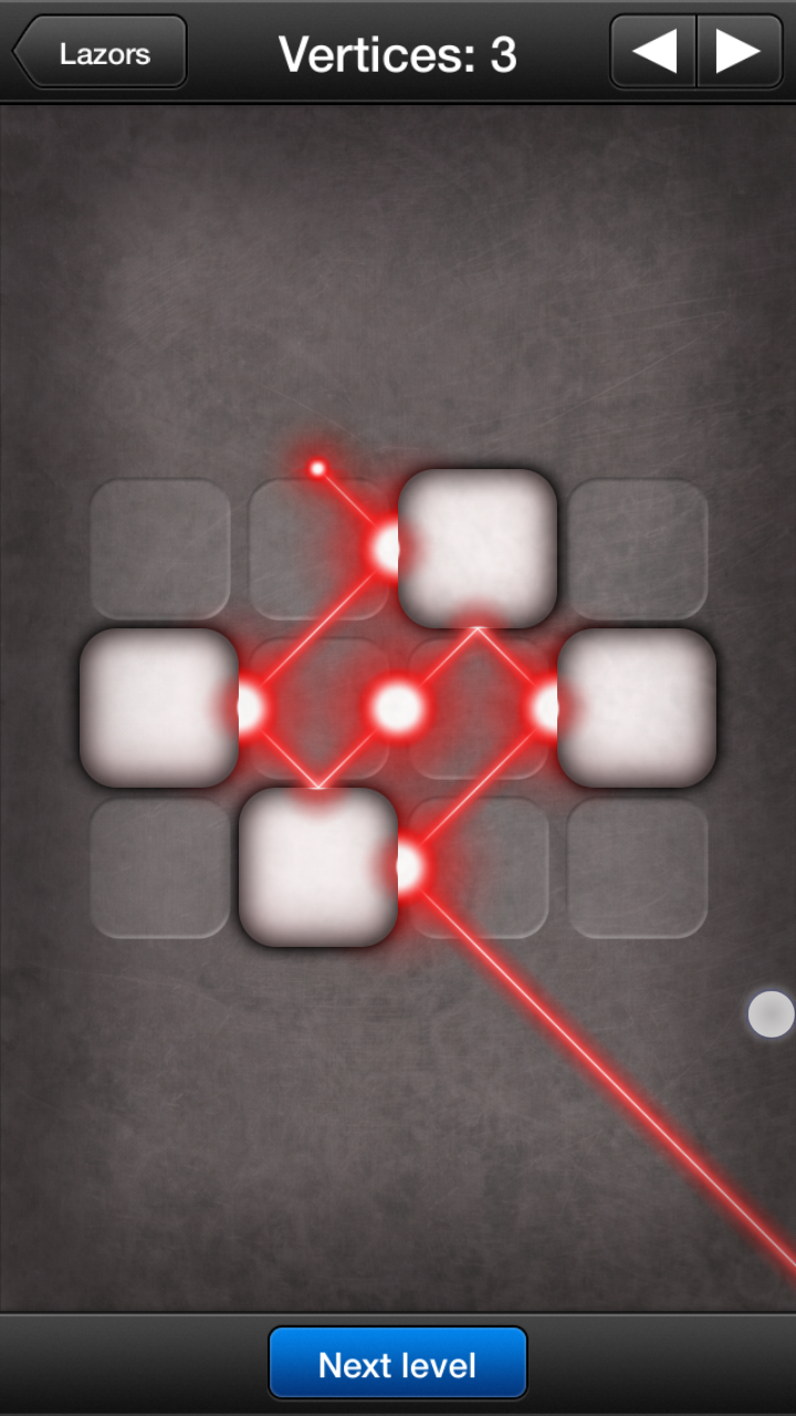 Lazors concept screenshot shows a red lazor beam bouncing of several white blocks.