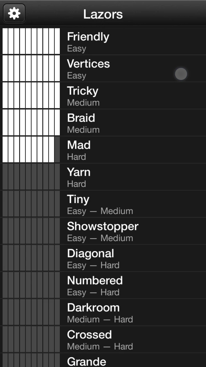 Lazors shows levels as thin vertical bars in horizontal blocks, each with 10 parts tied to a difficulty and feature title.