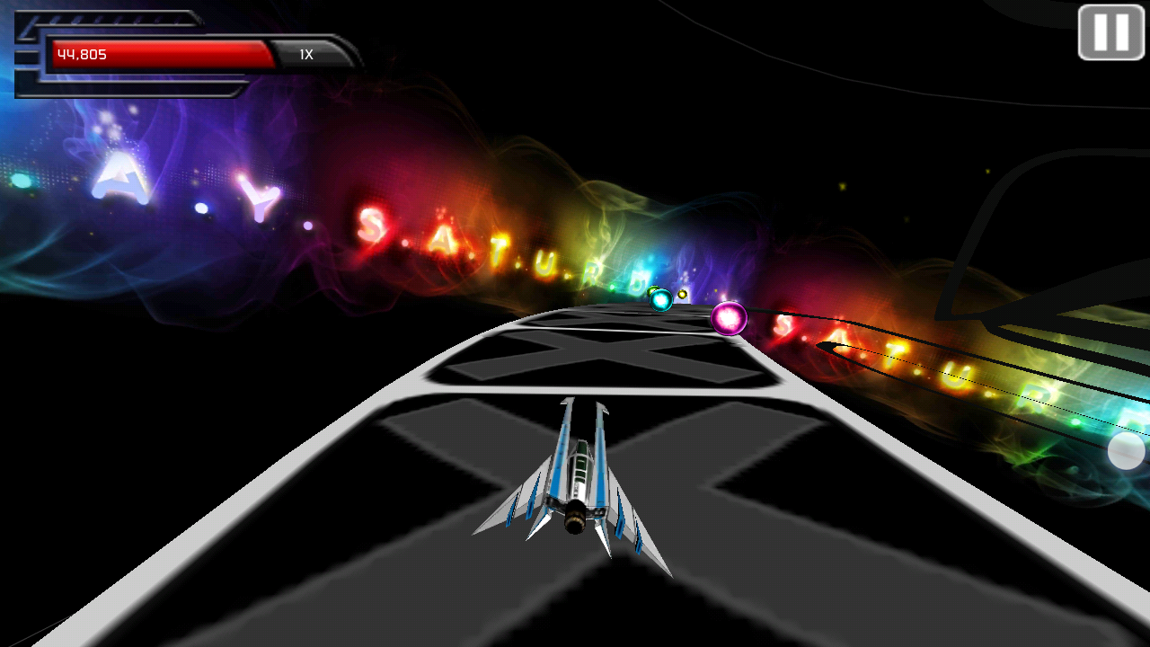 Rythm Racer in game screen with a curved track which makes it hard to see upcoming notes.