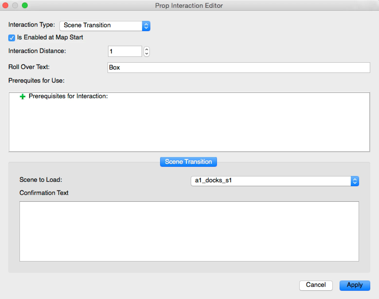 Screenshot of the prop interaction editor with scene transition selected