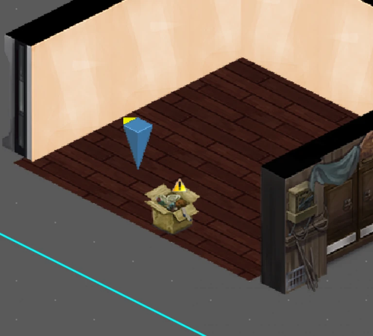 Screenshot of the prop in the editor with a yellow bang showing that it has an interaction set up