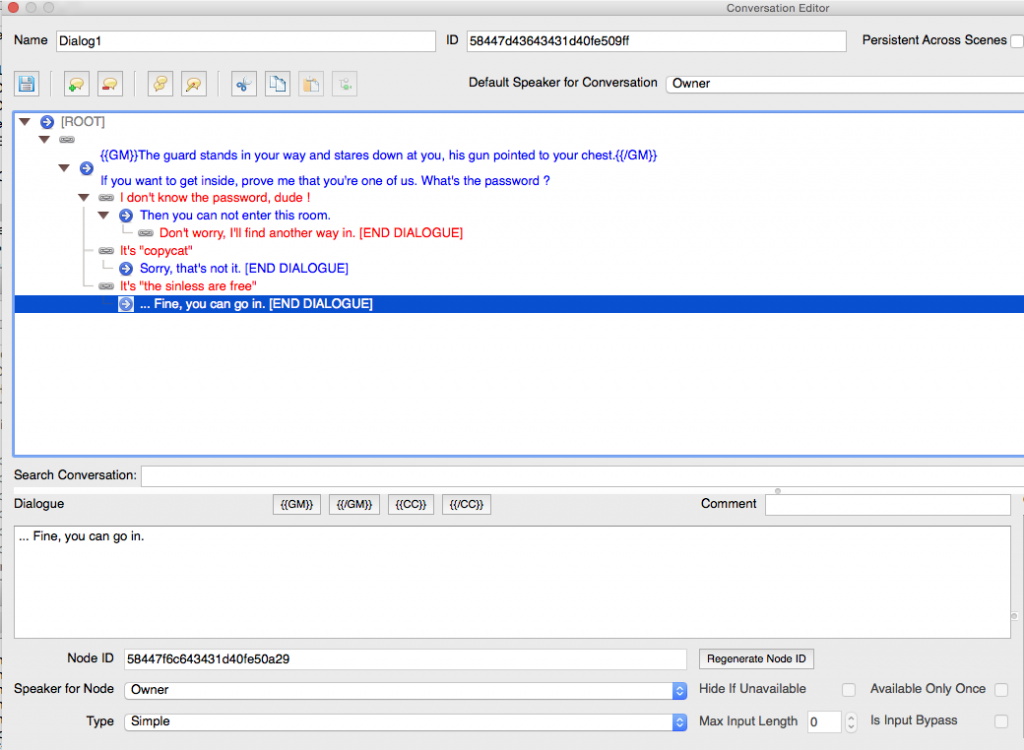 Screenshot of dialogue editing interface showing three possible "red" branches with customized replies