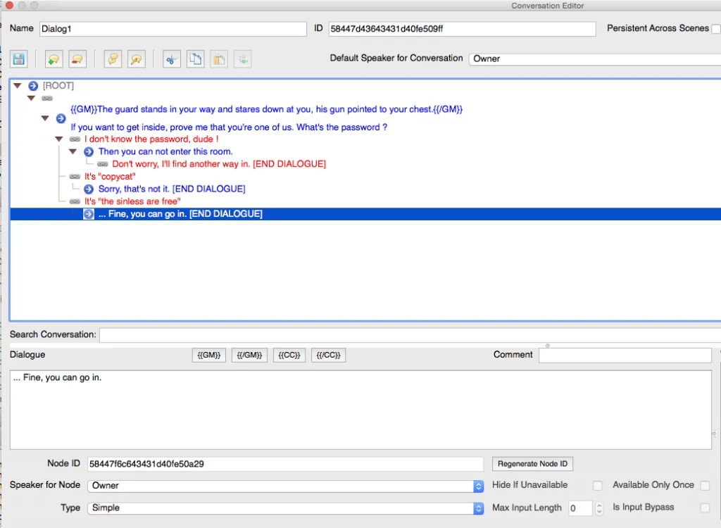 Screenshot of dialogue editing interface showing three possible "red" branches with customized replies